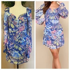 Lulu's Floral Long Sleeve Dress - Blue and Pink